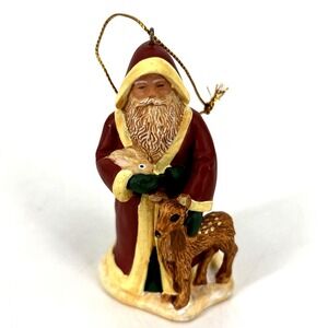 Vintage Santa Claus Holding Bunny & Deer Ornament Figurine 3.5" AGC Old‎ World